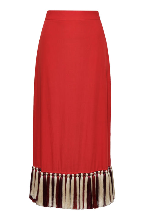 Rocio Cotton Midi Skirt / Red & Handmade Wine Tassels
